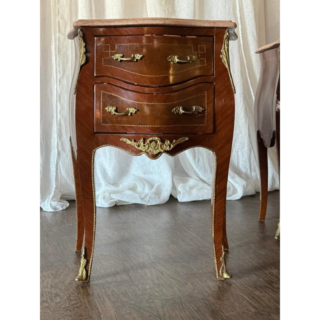 1940s Pair of French Louis XV Style Nightstands With Marble-Tops and Gilt Bronze Mounts For Sale - Image 11 of 11