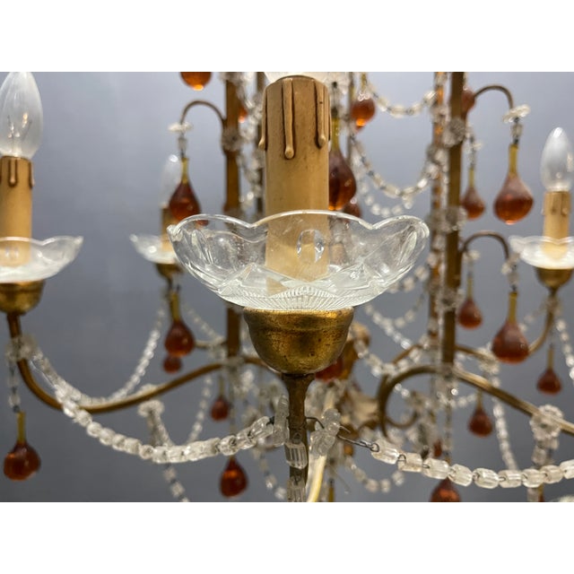 Italian Florentine Giltwood and Amber Murano Glass Drop 6-Light Chandelier, 1950s For Sale - Image 4 of 15