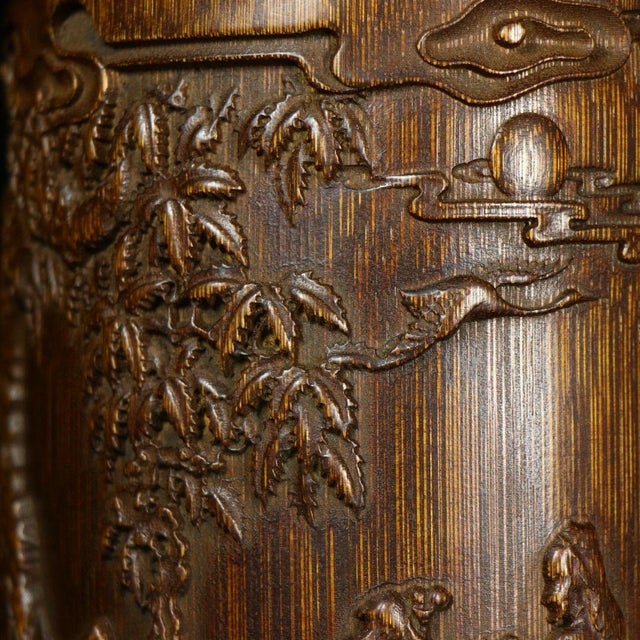 Vintage Chinese Deep Relief Bamboo Carved "Scholars" Brush Pot - 475g For Sale In Los Angeles - Image 6 of 9