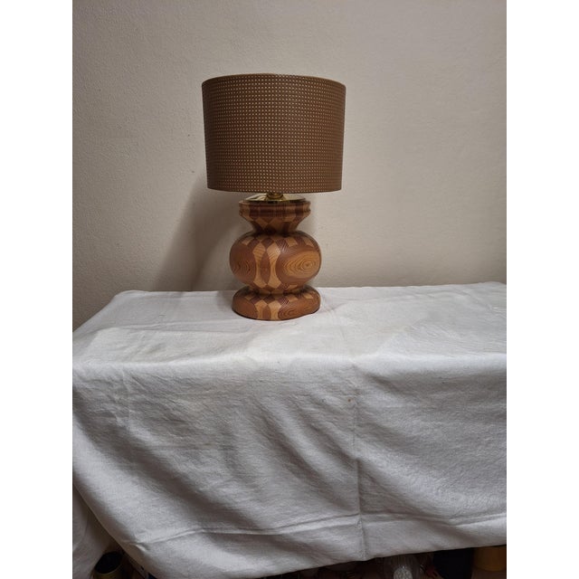 Vintage Table Lamp with Handmade Pine Wood Base and Fabric Shade from Lamplove, 1970s, in Very Good conditions. Designed...
