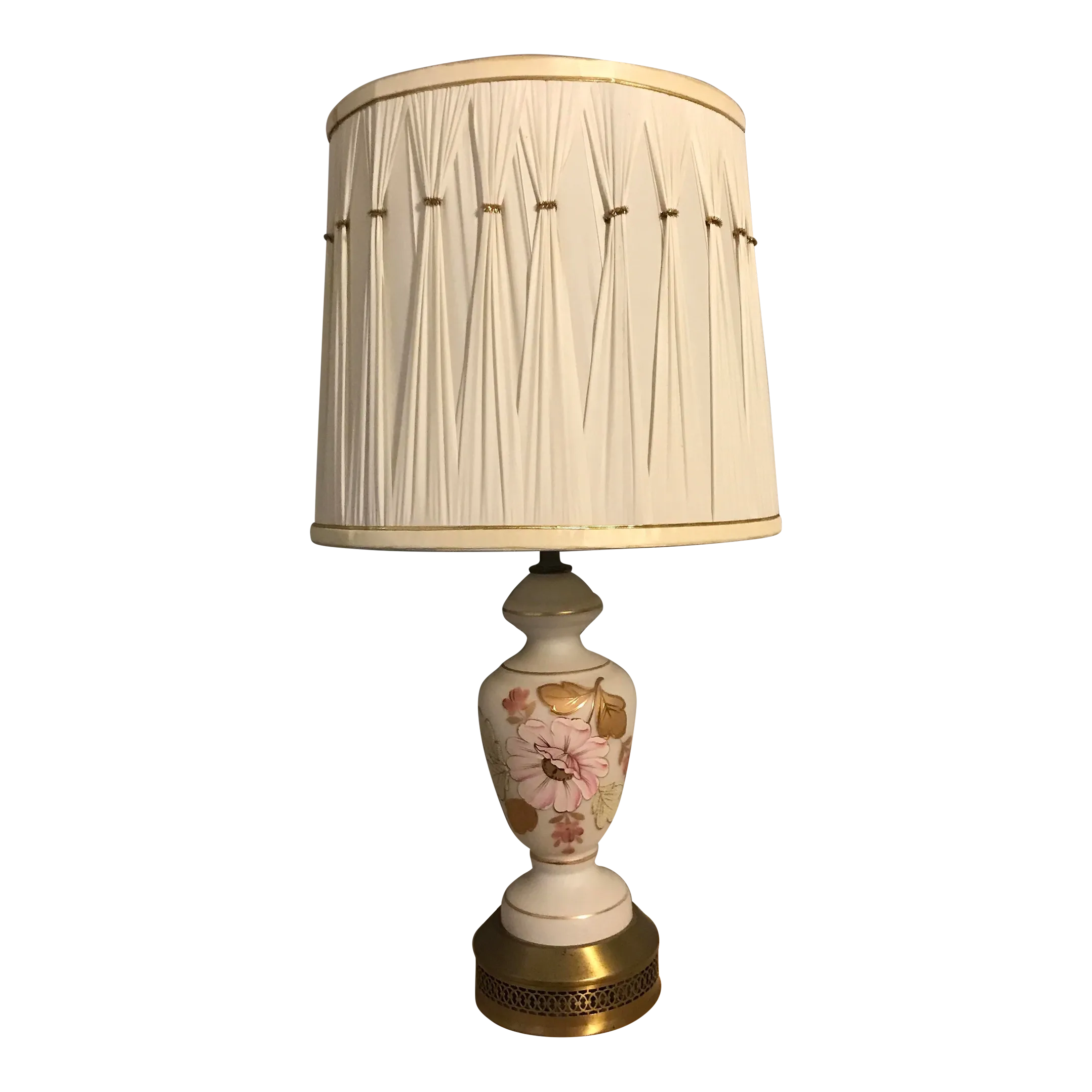 1950's Pink Floral Table Lamp Hand Painted With Nightlight and