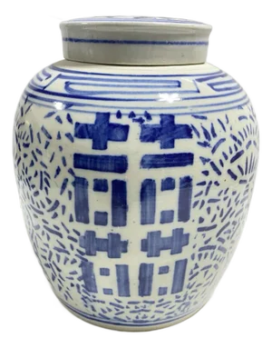 Double Happiness Chinoiserie Ginger Jar – 1960s Blue & White Porcelain With Lid