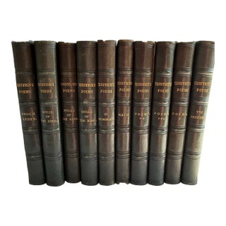 Antique Tennyson Leather Book Set, 1879 Victorian Gilt Poetry Volumes For Sale
