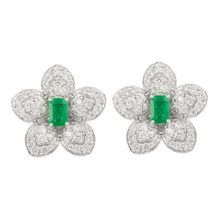 Emerald Encompassed With Diamonds Floral Stud Earrings in 14k White Gold- A Pair For Sale