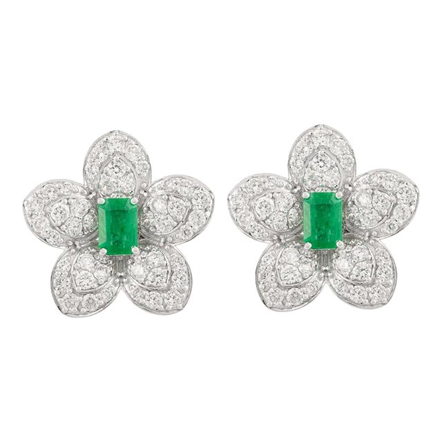 Emerald Encompassed With Diamonds Floral Stud Earrings in 14k White Gold- A Pair For Sale