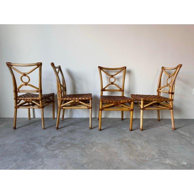 Vintage McGuire-Style Boho Chic Coastal Rattan & Leather Dining Chairs – Set of 8 For Sale In Miami - Image 6 of 12