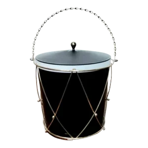 Vintage Ice Bucket Tambourine Style Thermos Black With Gold Metal Carrier
