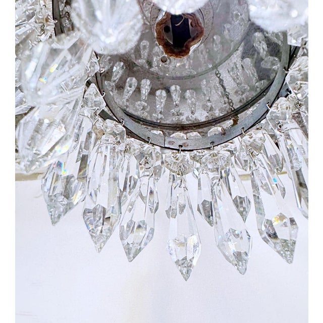Vintage Silver Crystal Chandelier With Ornate Floral Band and Tiered U-Drop Prisms For Sale - Image 4 of 8