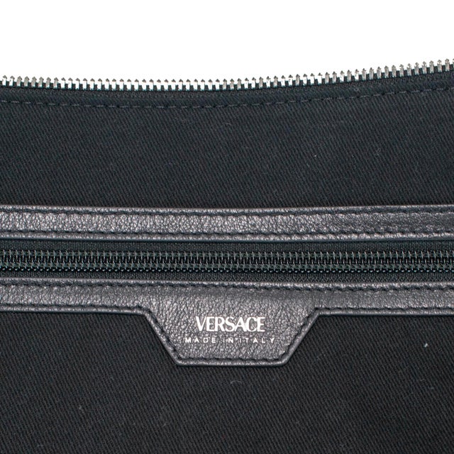 Versace Repeat Large Hobo Black Leather Silver Hardware Shoulder Bag For Sale - Image 10 of 12