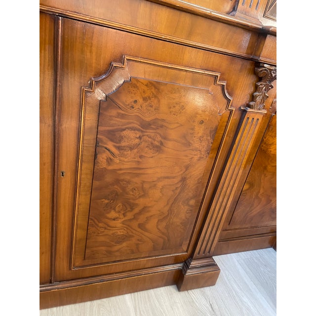 1990s Custom Mill House English Burl Walnut Architectural Breakfront For Sale - Image 4 of 12