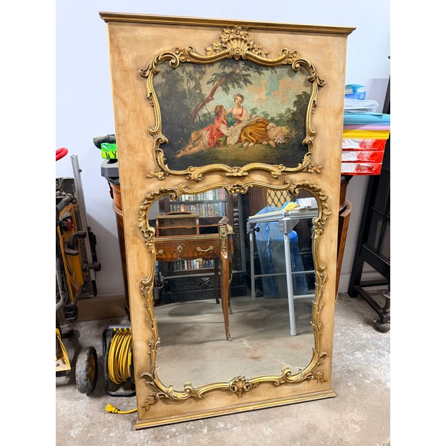 Vintage French Louis XV Style Painted and Parcel Gilt Trumeau Mirror For Sale In New York - Image 6 of 9