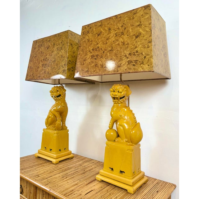 Vintage Yellow Ceramic Foo Dog Lamps - A Pair For Sale In Tampa - Image 6 of 12