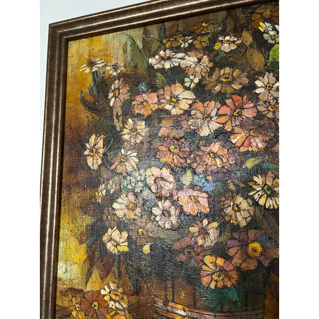 Mid-Century Modern 1960s Midcentury Signed Pallet Knife Oil Painting Still Life of Flowers, Framed For Sale - Image 3 of 6