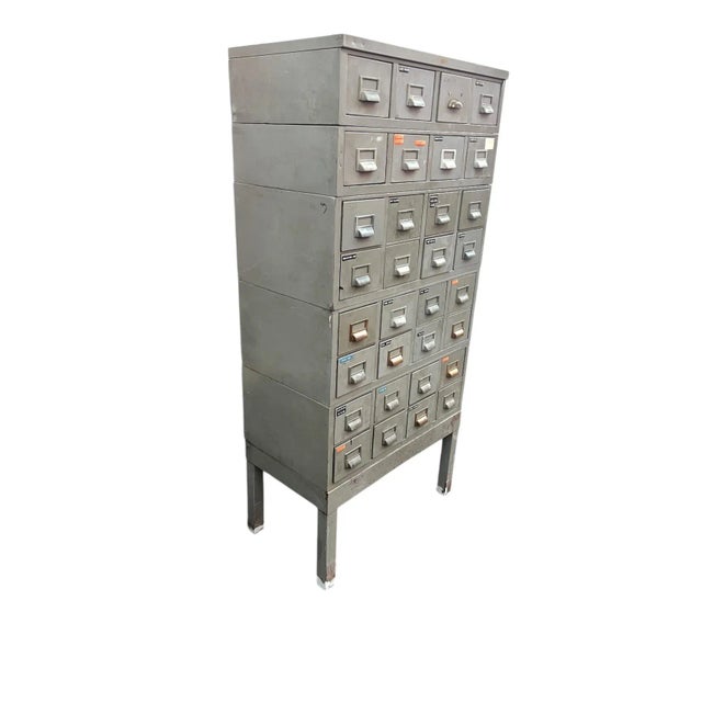 Mid-Century Modern Mid 20th Century Industrial Metal Library Card File 32 Drawers by Watson For Sale - Image 3 of 18