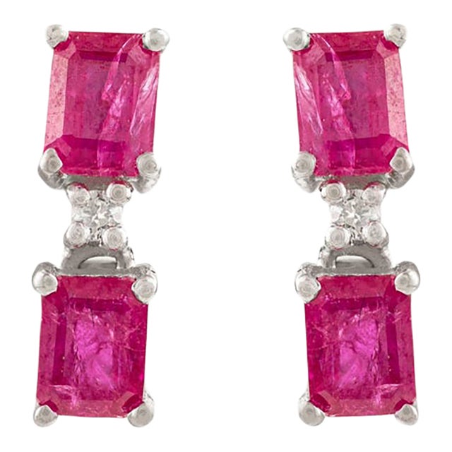 Art Deco Style Solid Silver Ruby & Diamond Drop Stud Earrings- 2 Pieces For Sale