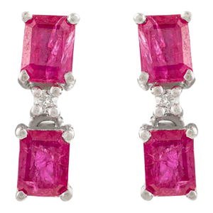 Art Deco Style Solid Silver Ruby & Diamond Drop Stud Earrings- 2 Pieces