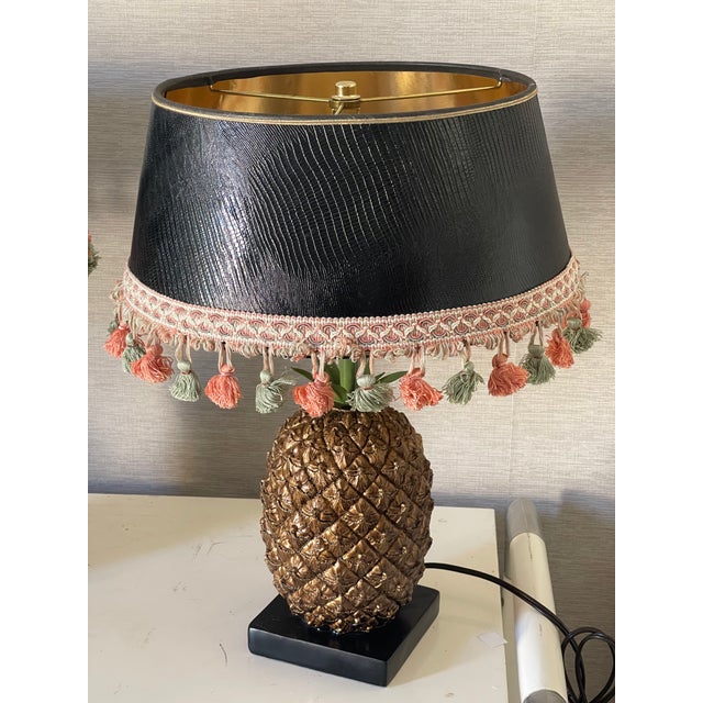 Brown Pair of 1970s Coastal Pineapple Lamps With Fringed Shades For Sale - Image 8 of 8