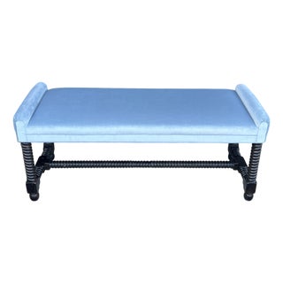 1970s Jacobean Revival Barley Twist Velvet Upholstered Bench For Sale