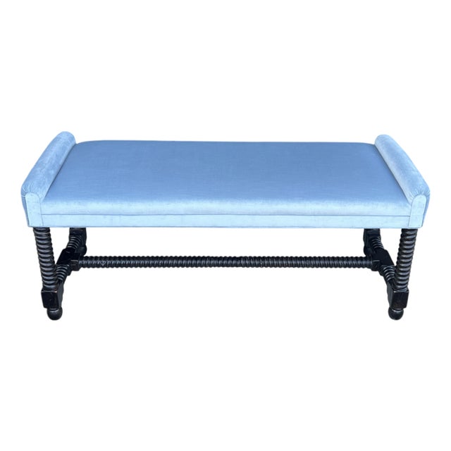 1970s Jacobean Revival Barley Twist Velvet Upholstered Bench For Sale