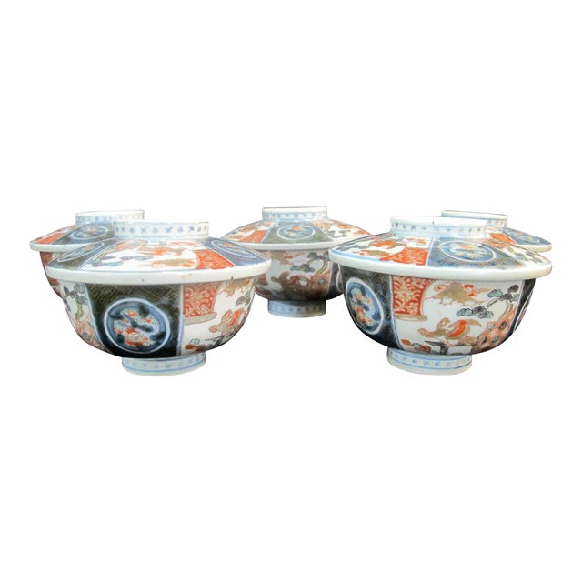 Antique Japanese Imari Bird Design Soup Bowl With Lids Set of 5