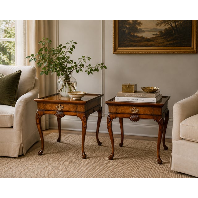 An elegant pair of vintage Baker Furniture French Provincial side tables crafted from richly grained walnut with...