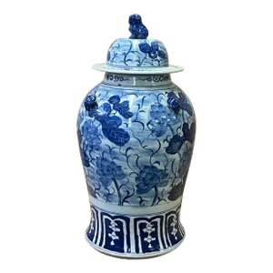Chinese Blue & White Lotus Flower Porcelain Large Temple General Jar