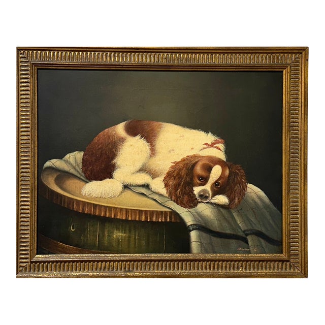 Domestic Dog Portrait Cavalier King Charles Spaniel Painting in Victorian Style For Sale