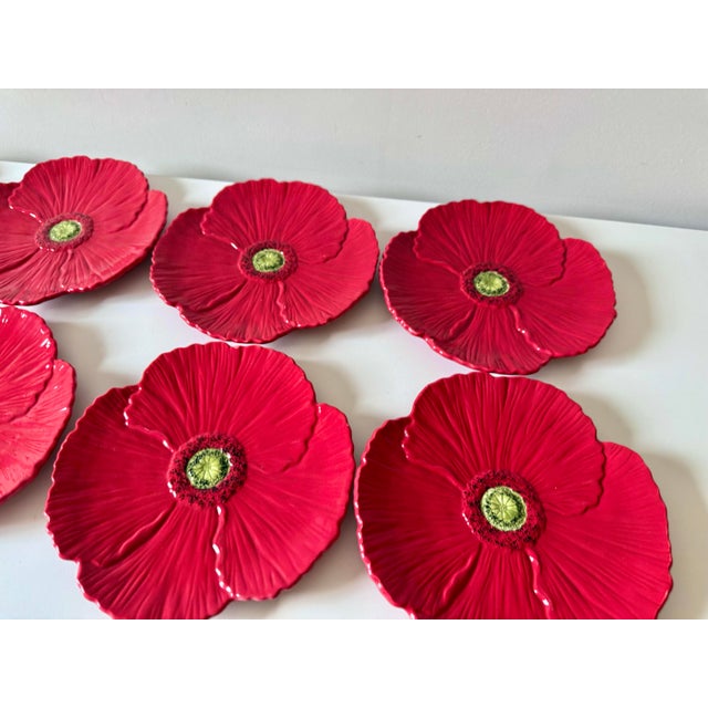 Late 20th Century Red Poppy Flower Hand Painted Salad Dessert Plates Set: 8 Piece For Sale - Image 4 of 8