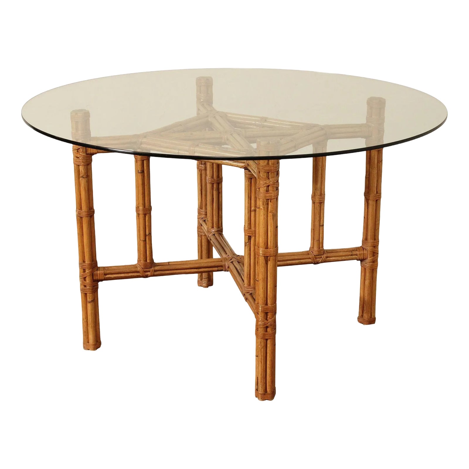 Hollywood Regency Vintage Round Glass Top Rattan Dining Table | Chairish