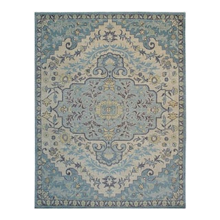 9x12 Blue Hand-Knotted Wool Floral Symmetry Geometric Modern Carpet Rug For Sale