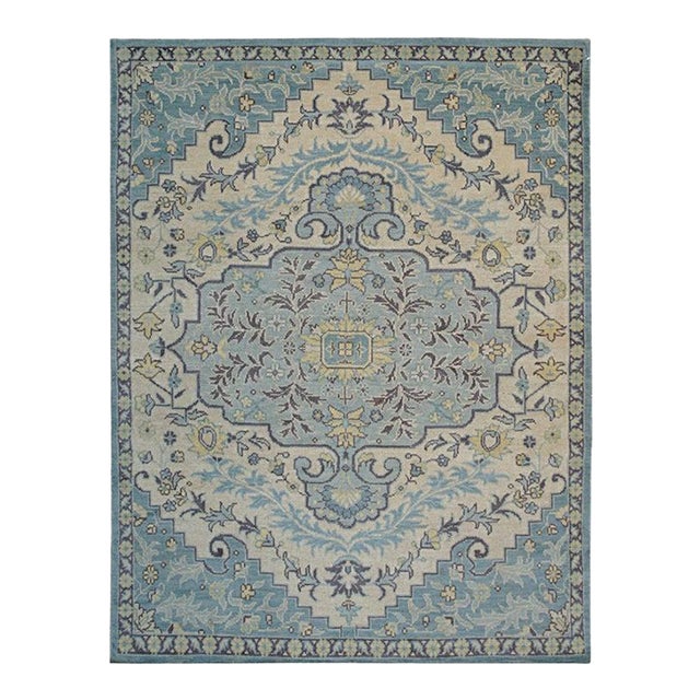 9x12 Blue Hand-Knotted Wool Floral Symmetry Geometric Modern Carpet Rug For Sale