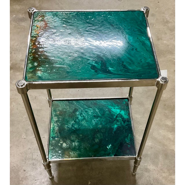 Stunning Chrome & Art Glass Two-Tier Side Table With Turquoise & Teal Art Glass – Modern Designer Accent Table For Sale - Image 4 of 5