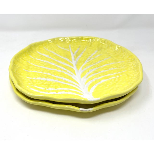 Yellow 1950s Vintage Portuguese Secla Yellow Majolica Lettuce Leaf Lunch Plates- a Pair For Sale - Image 8 of 9