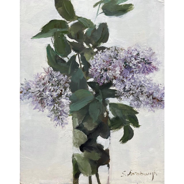 Miss Kim in Bloom by Sheri Farabaugh | Oil Painting of lilac flowers in a vase For Sale