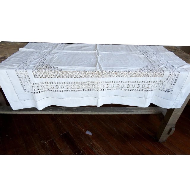 Antique White Linen Openwork Luncheon Tablecloth For Sale - Image 4 of 8