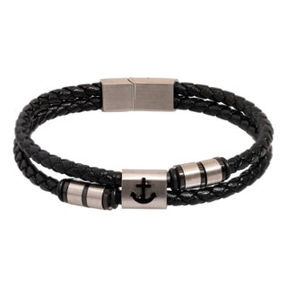 Silver Anchor Design Black Leather Men's Style Bracelet For Sale