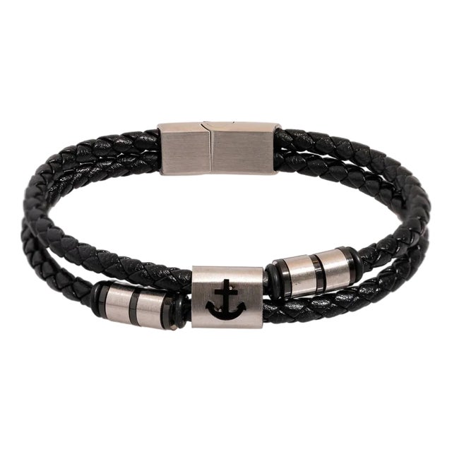 Silver Anchor Design Black Leather Men's Style Bracelet For Sale