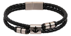 Silver Anchor Design Black Leather Men's Style Bracelet