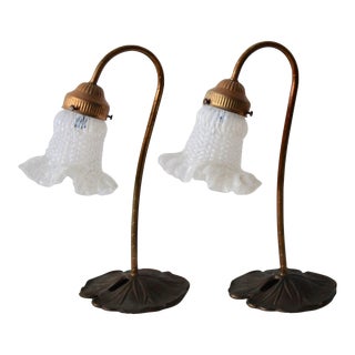 Vintage Art Nouveau Murano Glass Style Shade Brass Finish Lilly Pad Lamp-A Pair For Sale