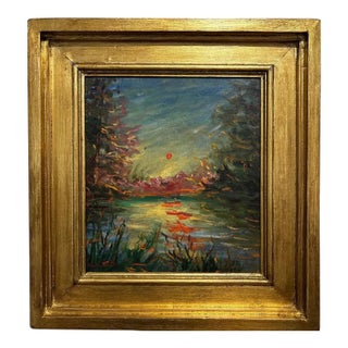 Sunset Over the Reflecting Pond — Impressionist Oil on Canvas, 1901 For Sale