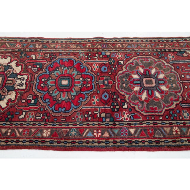 Textile Persian Handmade Heriz Red Wool Runner With Medallion Floral Design For Sale - Image 7 of 8