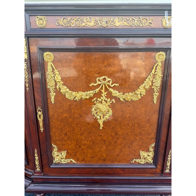 Brown 1960s French Louis XVI Marble Top Cabinet Marquetry Inlay, Gilt Bronze Ormolu, Luxury Accent Cabinet For Sale - Image 8 of 8