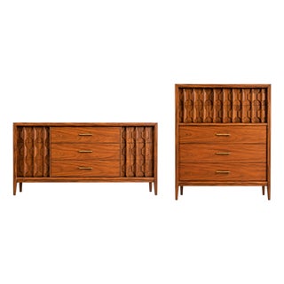 Vintage Mid Century Modern Kent Coffey Lowboy & Highboy Dresser Set. Sculpted Geometric Doors, Attributed For Sale