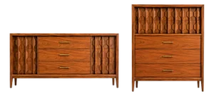 Vintage Mid Century Modern Kent Coffey Lowboy & Highboy Dresser Set. Sculpted Geometric Doors, Attributed