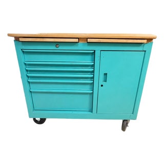 Vintage Industrial Rolling Kitchen Island / Butcher Block Cart – Teal For Sale