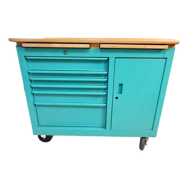 Vintage Industrial Rolling Kitchen Island / Butcher Block Cart – Teal For Sale