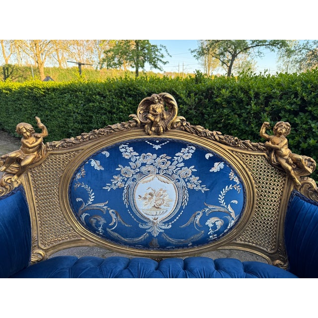 1940 French Louis XVI Gold Beech Blue Velvet Settee For Sale - Image 17 of 18
