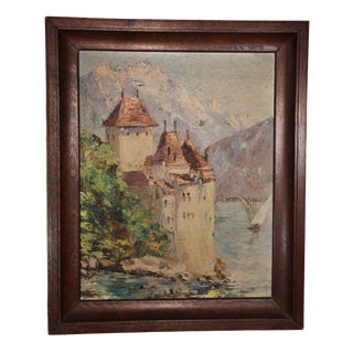 Swiss School Artist, Chillon Castle, Early 20th Century, Oil Painting on Canvas, Framed For Sale