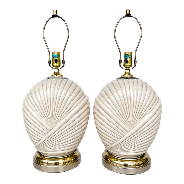 Sculptural Postmodern Ivory Ceramic Spiral Shell Table Lamps, 24”h, a Pair For Sale