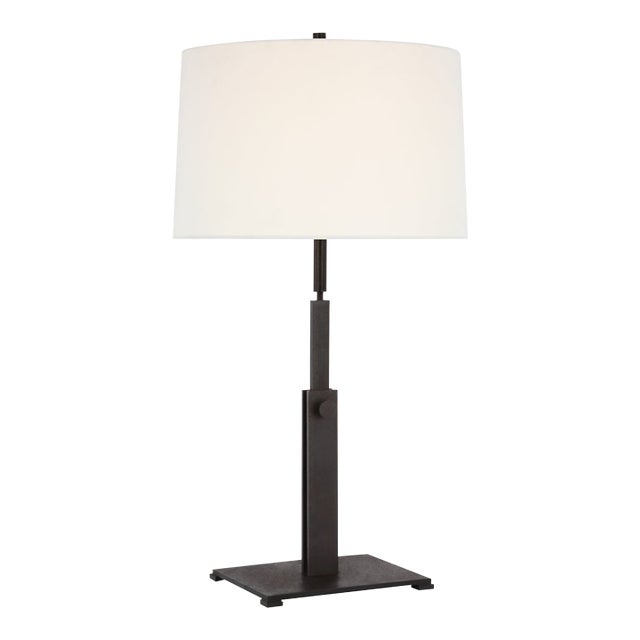 Ray Booth for Visual Comfort Signature Cadmus Large Adjustable Table Lamp in Warm Iron with Linen Shade For Sale